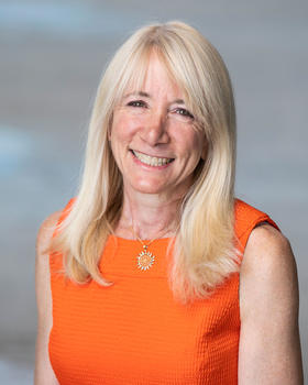 Elise Miller-Hooks, Mason civil engineering professor and chair, wears a orange dress and has blonde hair in her profile